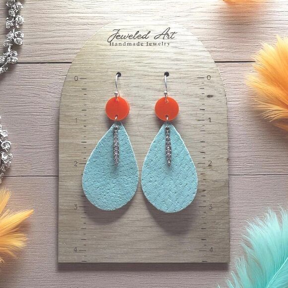 Hand-Painted Showgirl Inspired Turquoise Teardrop Glitter Accent Earrings - Picture 5 of 5